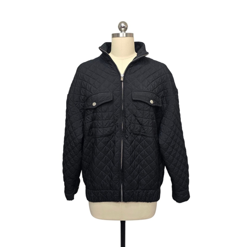 ZARA Quilted Bomber Jacket Black Zip Front Collar Pockets Women XS Turkey